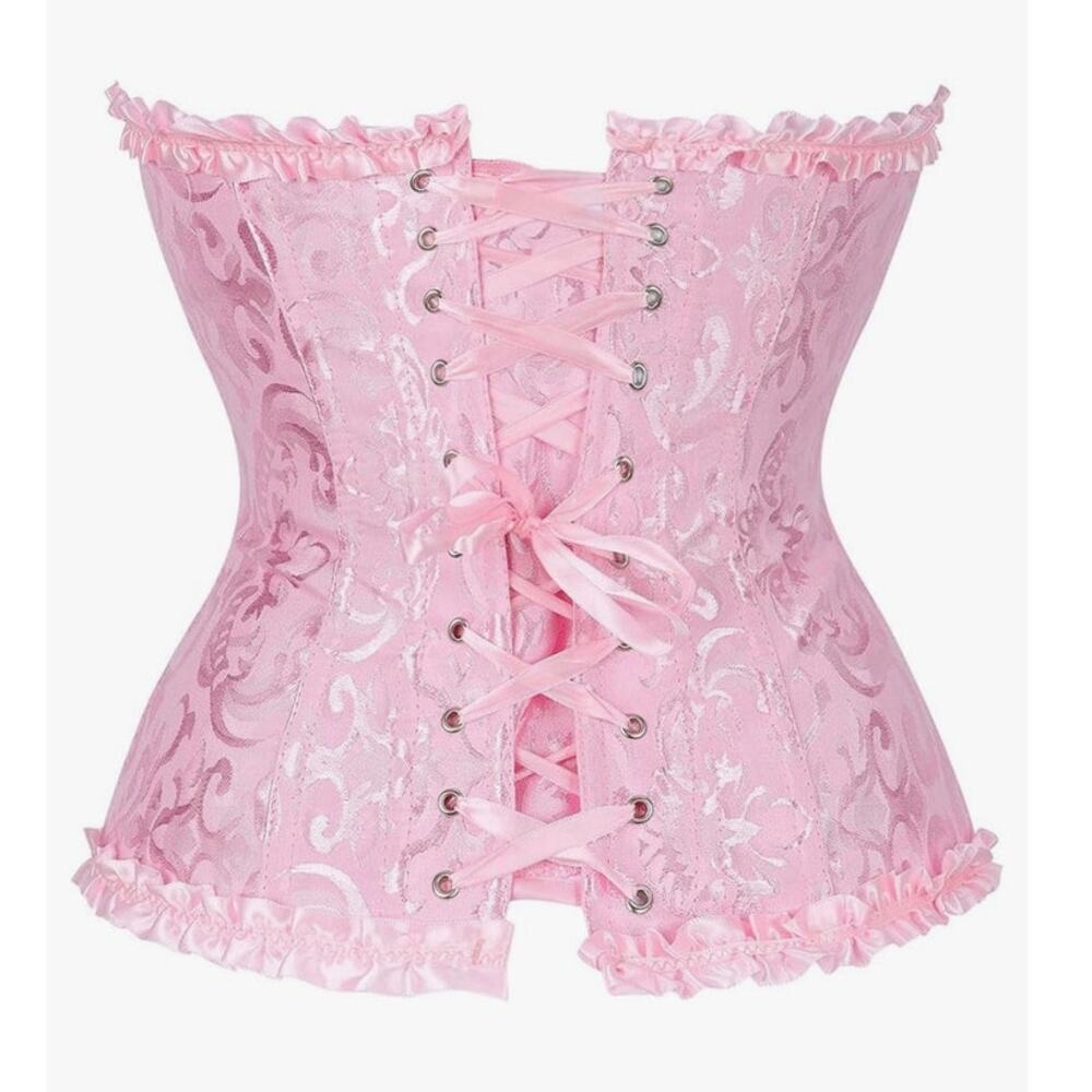Pink Floral Jacquard Bustier Lace Up Corset Top Ruffle Hem Castle Fairy Small - Picture 3 of 14